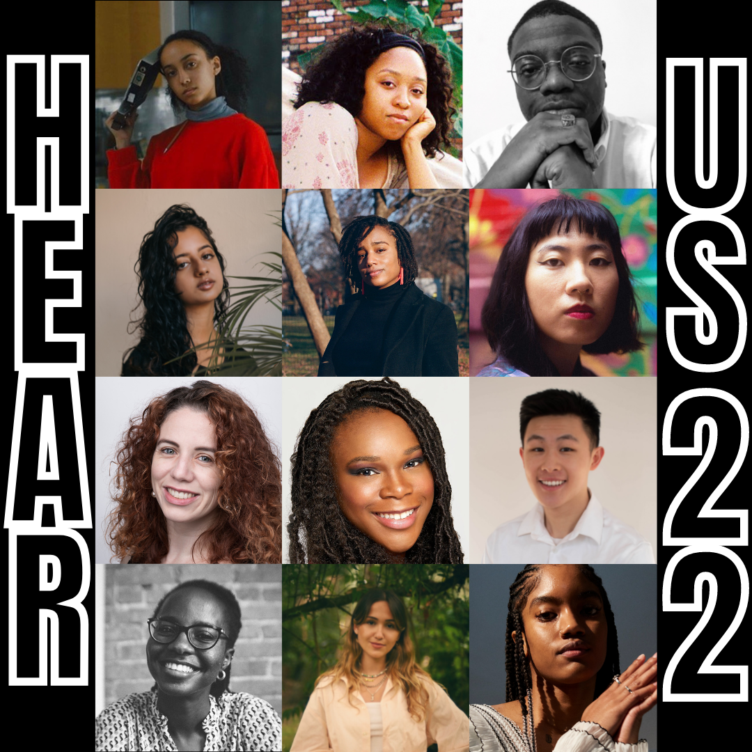 Headshots of the 12 HEAR US awardees arranged in a grid; 